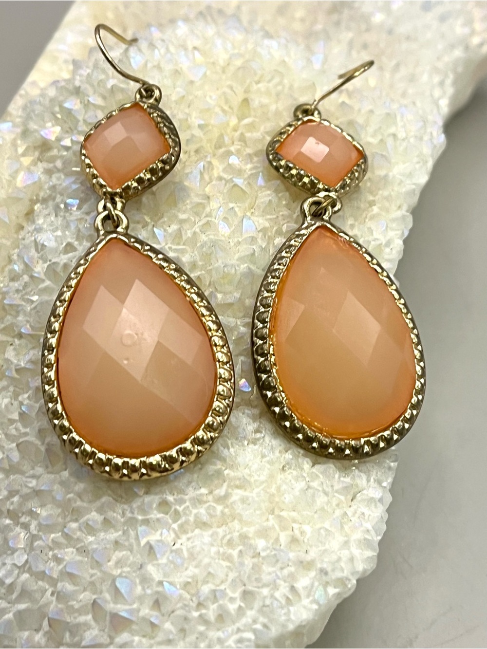 Peach Teardrop Dangle Earrings Gold Tone Faceted Chalcedony Statement Drop